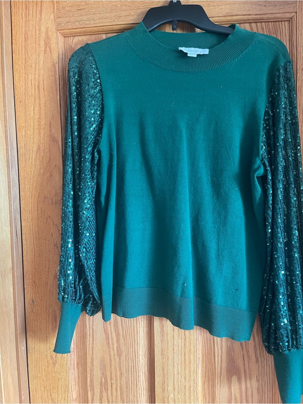 CeCe Emerald Green Sequin Sleeve Crewneck Sweater